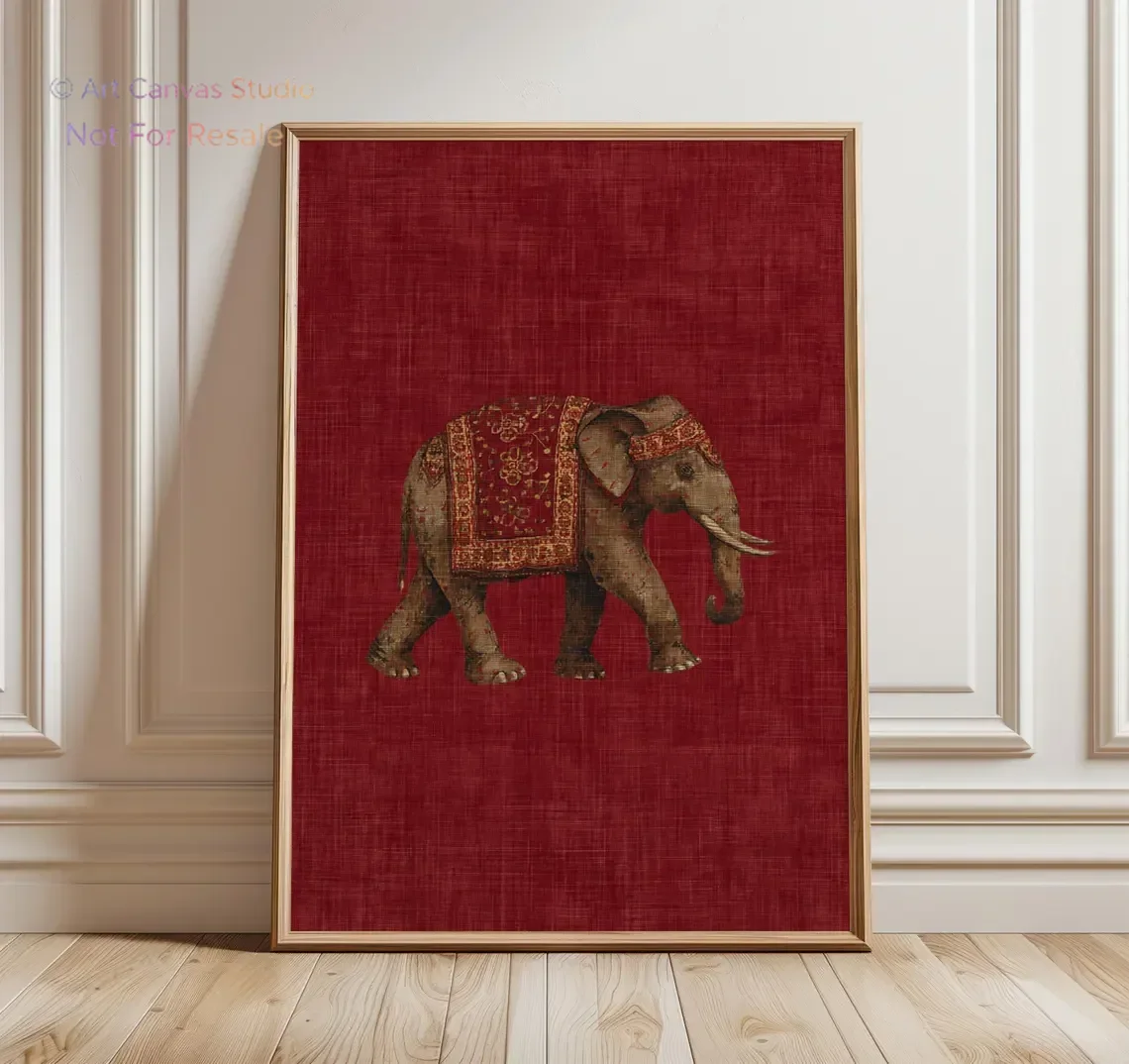 Interior Design Landscape - 2027Indian Elephant Pattern Print, Red Textile