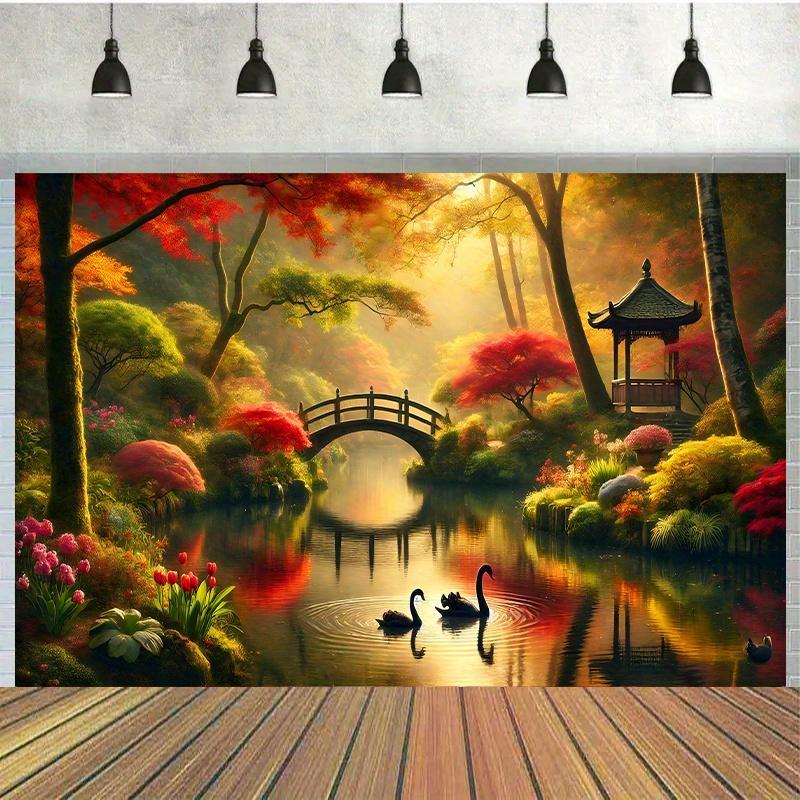 Autumn Garden Bridge Swans Wal - Interior Design Landscape ulasan dan harga