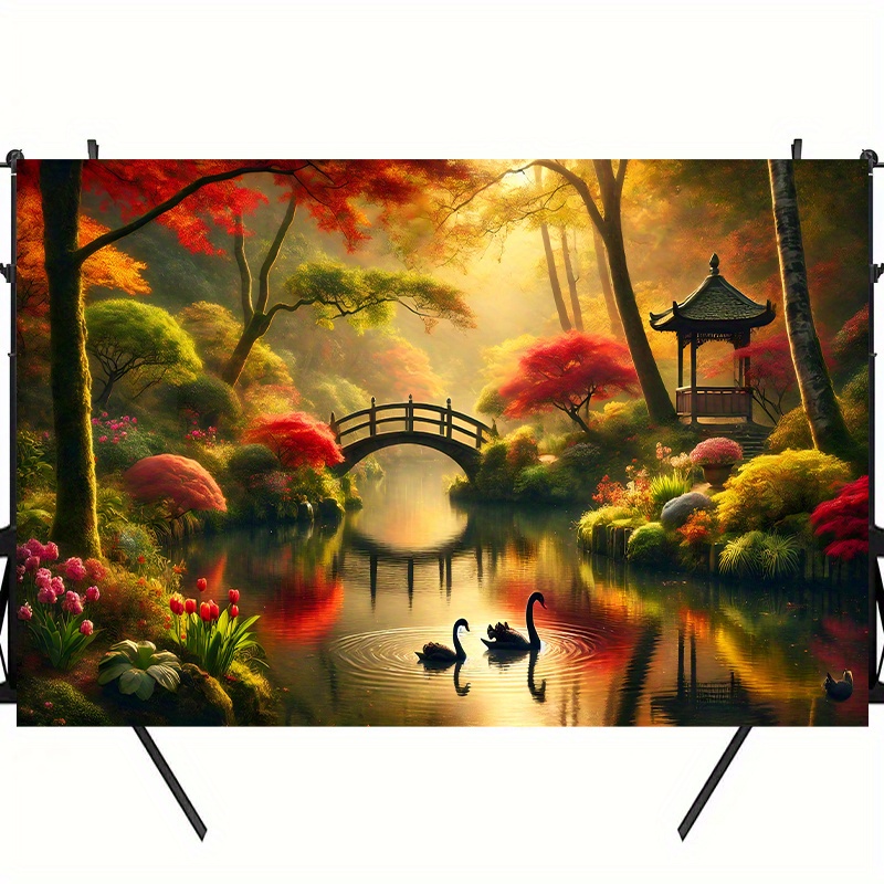 Autumn Garden Bridge Swans Wal - Interior Design Landscape ulasan dan harga