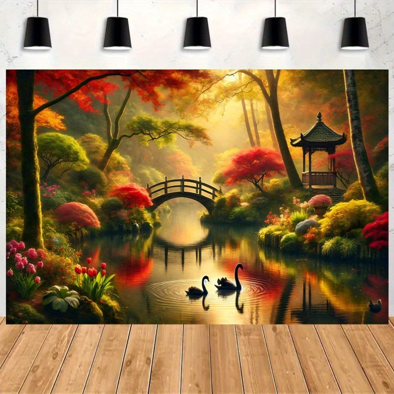 Autumn Garden Bridge Swans Wal - Interior Design Landscape ulasan dan harga